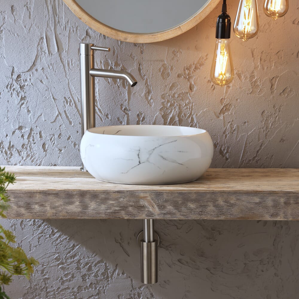 Lavabo d'Appoggio Rotondo Effetto Marmo - 360mm (Senza Fori per la Rubinetteria) - Alden