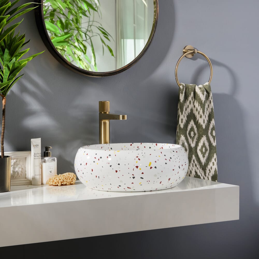 Lavabo Rotondo da Appoggio Effetto Terrazzo - 360mm (Senza foro per la Rubinetteria) - Alden