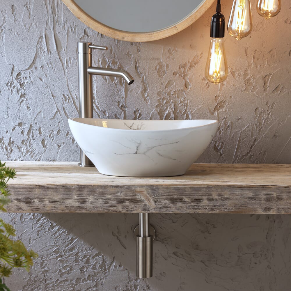 Lavabo d'Appoggio Ovale Effetto Marmo - 405mm x 330mm (Senza Fori per la Rubinetteria) - Kenton