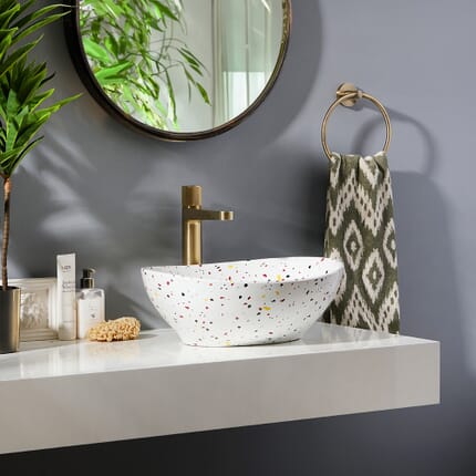 Lavabo Ovale da Appoggio Effetto Terrazzo - 405mm x 330mm (Senza foro per la Rubinetteria) - Kenton