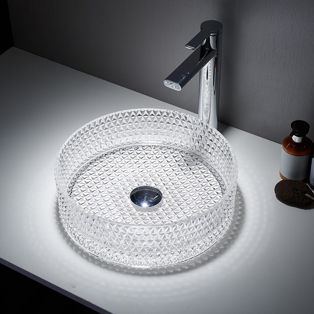 Lavabo da Appoggio Rotondo in Vetro Cristallo - 353mm (Senza Fori per la Rubinetteria) - Scelta di Finiture - Covelly