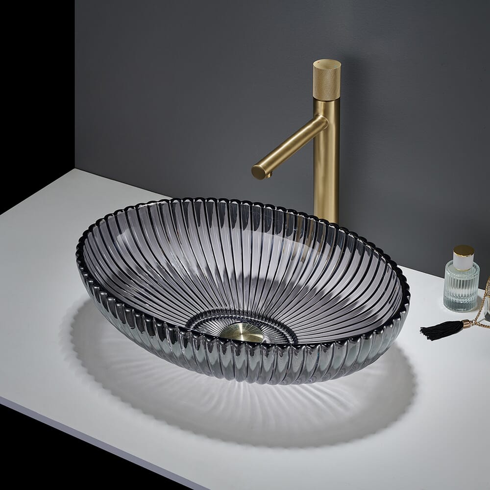 Lavabo da Appoggio Ovale in Vetro Cristallo - 510 x 350mm (Senza Fori per la Rubinetteria) - Scelta di Finiture - Kenton