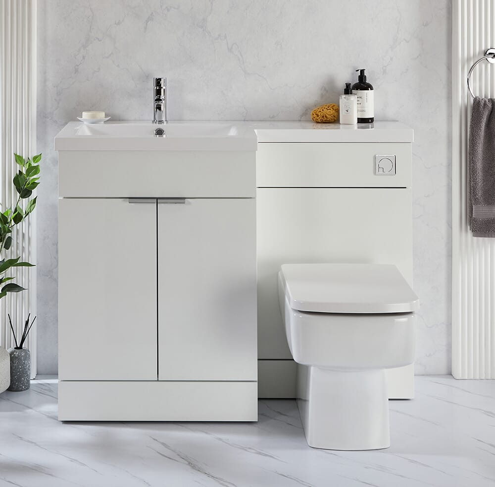 Set Bagno da 1105mm completo di Mobile con Lavabo e Mobile con Sanitario WC Exton - Scelta di Finiture, Maniglie e  Opzioni con Design a Destra/Sinistra - Cluo