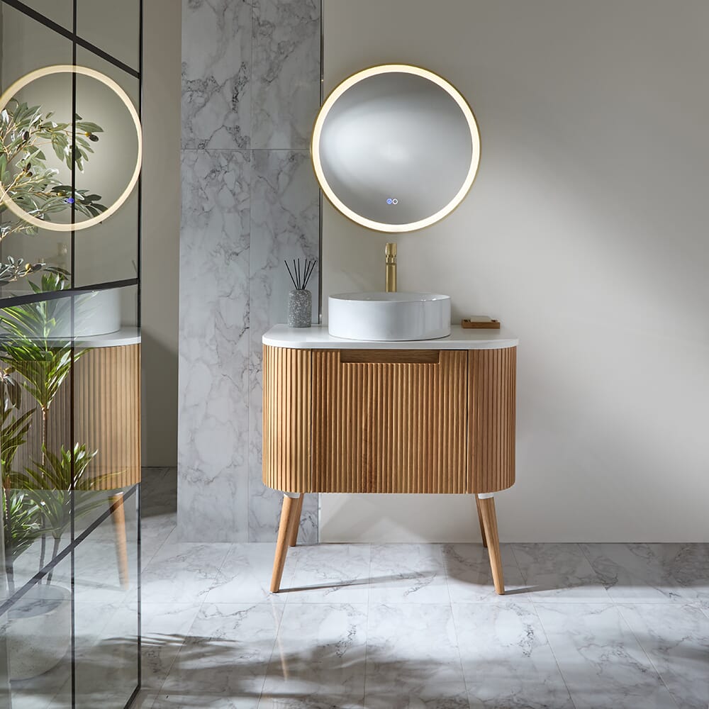 Mobile Bagno Curvo Scanalato - Rovere - Scelta di Dimensioni e Lavabo - Chalton