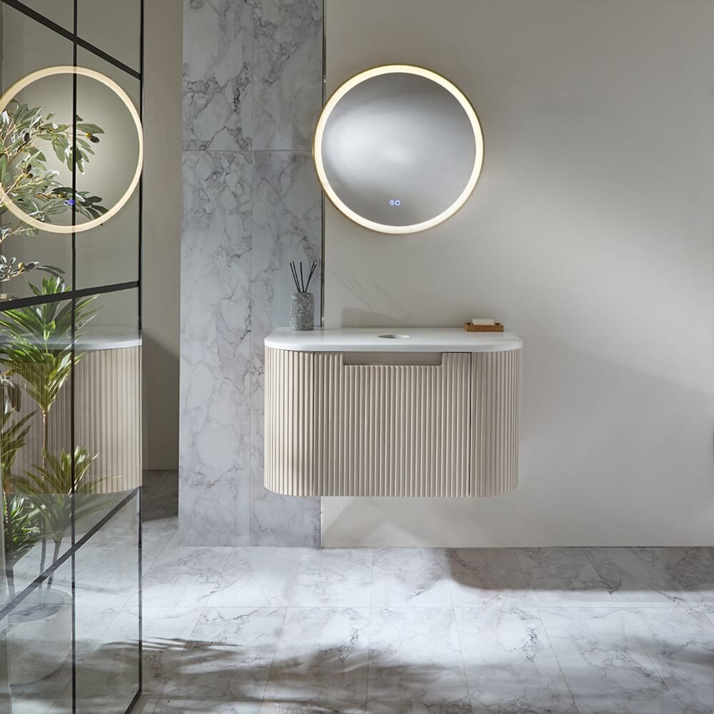 Mobile Bagno Curvo Scanalato Sospeso - Rovere - Scelta di Dimensioni e Lavabo - Chalton