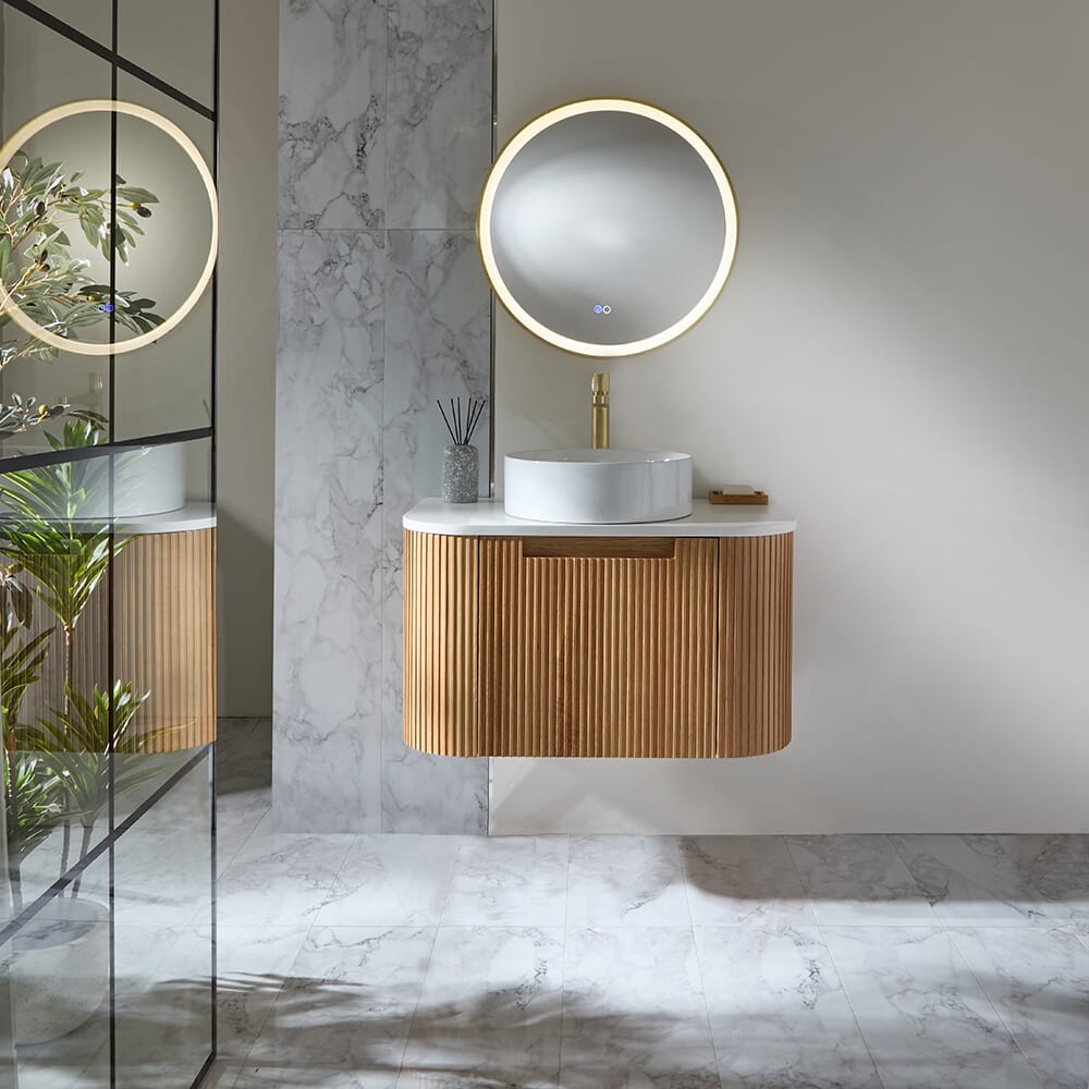 Mobile Bagno Curvo Scanalato Sospeso - Rovere - Scelta di Dimensioni e Lavabo - Chalton