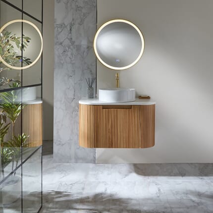 Mobile Bagno Curvo Scanalato Sospeso - Rovere - Scelta di Dimensioni e Lavabo - Chalton