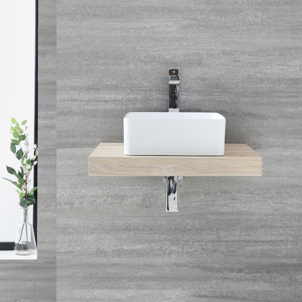 Mensola Effetto Rovere 600mm Murale Completa con Lavabo da Appoggio - Aslwear