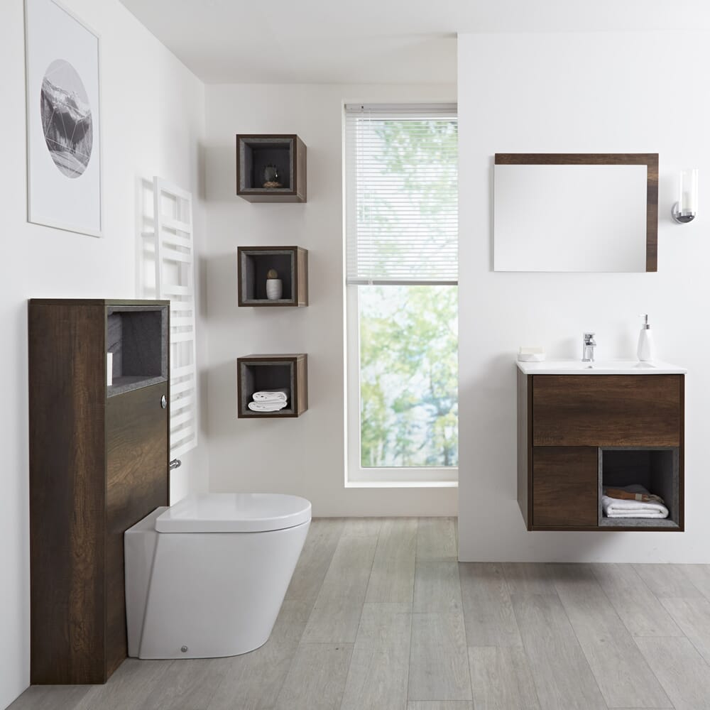 Mobile Bagno Sospeso da 600mm in Rovere Scuro con Lavabo Integrato, Mobile WC, Sanitario, Mobiletti Murali e Specchio (con LED Opzionali) - Hoxton