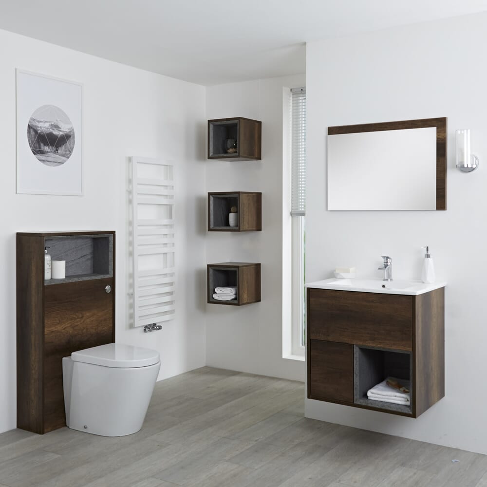 Mobile Bagno Sospeso da 600mm in Rovere Scuro con Lavabo Integrato, Mobile WC, Sanitario, Mobiletti Murali e Specchio (con LED Opzionali) - Hoxton