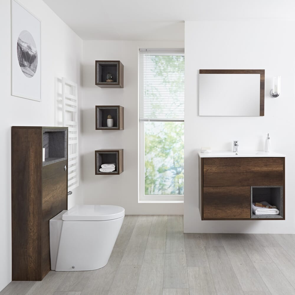 Mobile Bagno Sospeso da 800mm in Rovere Scuro con Lavabo Integrato, Mobile WC, Sanitario, Mobiletti Murali e Specchio (con LED Opzionali) - Hoxton