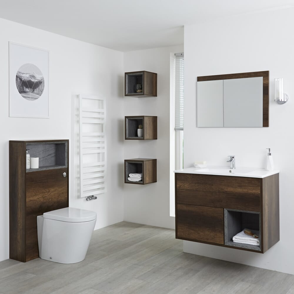 Mobile Bagno Sospeso da 800mm in Rovere Scuro con Lavabo Integrato, Mobile WC, Sanitario, Mobiletti Murali e Specchio (con LED Opzionali) - Hoxton