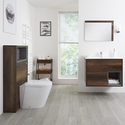 Mobile Bagno Sospeso da 800mm in Rovere Scuro con Lavabo Integrato, Mobile WC e Sanitario (con LED Opzionali) - Hoxton