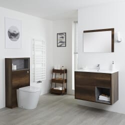 Mobile Bagno Sospeso da 800mm in Rovere Scuro con Lavabo Integrato, Mobile WC e Sanitario (con LED Opzionali) - Hoxton