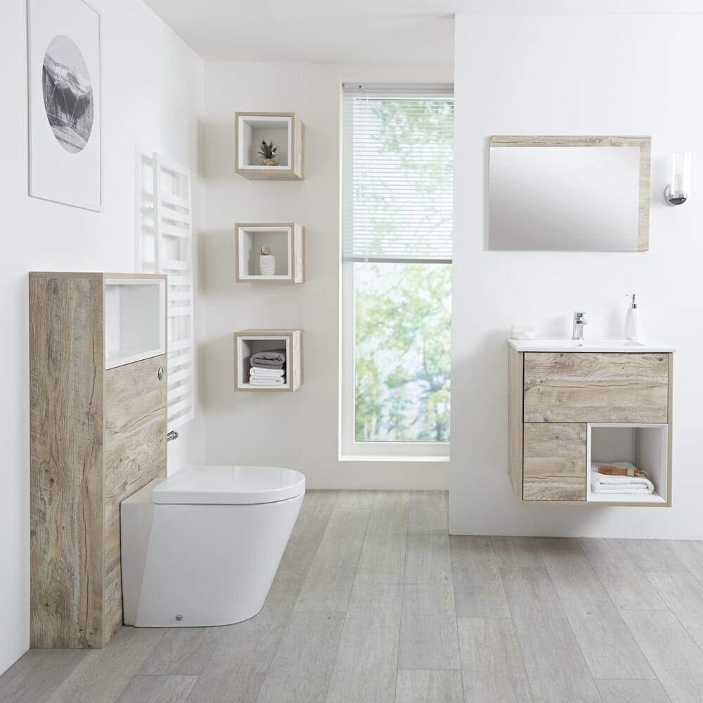 Mobile Bagno Sospeso da 600mm in Rovere Chiaro con Lavabo Integrato, Mobile WC, Sanitario, Mobiletti Murali e Specchio (con LED Opzionali) - Hoxton