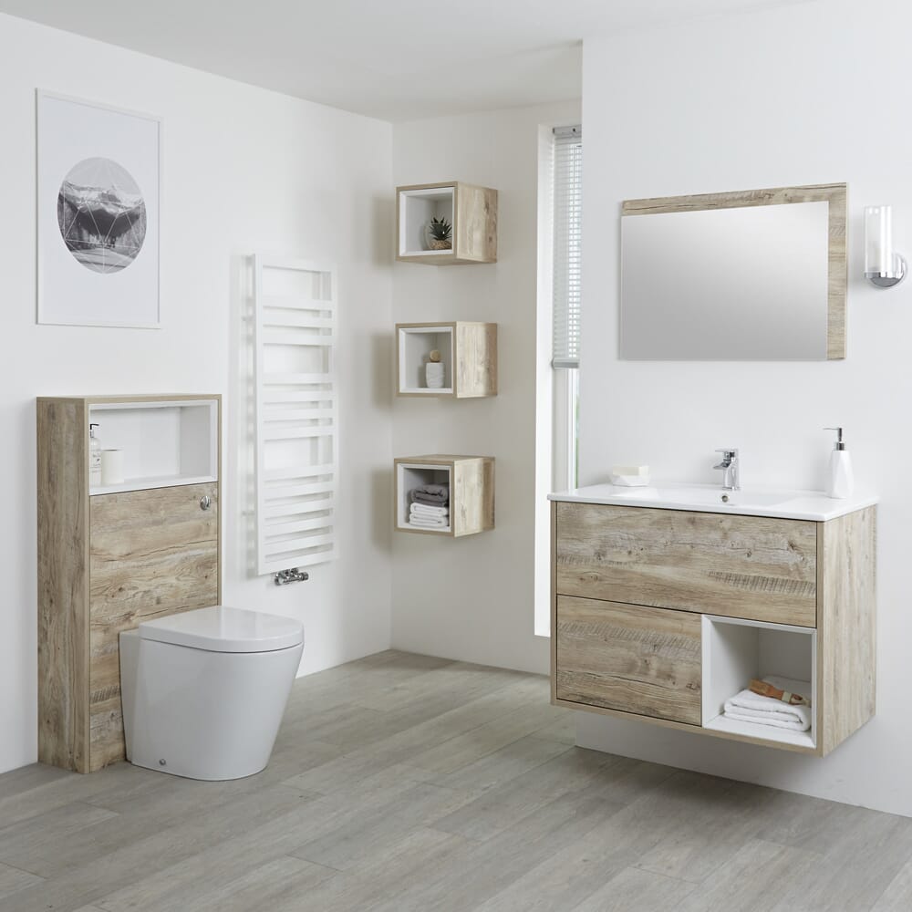 Mobile Bagno Sospeso da 800mm in Rovere Chiaro con Lavabo Integrato, Mobile WC, Sanitario, Mobiletti Murali e Specchio (con LED Opzionali) - Hoxton
