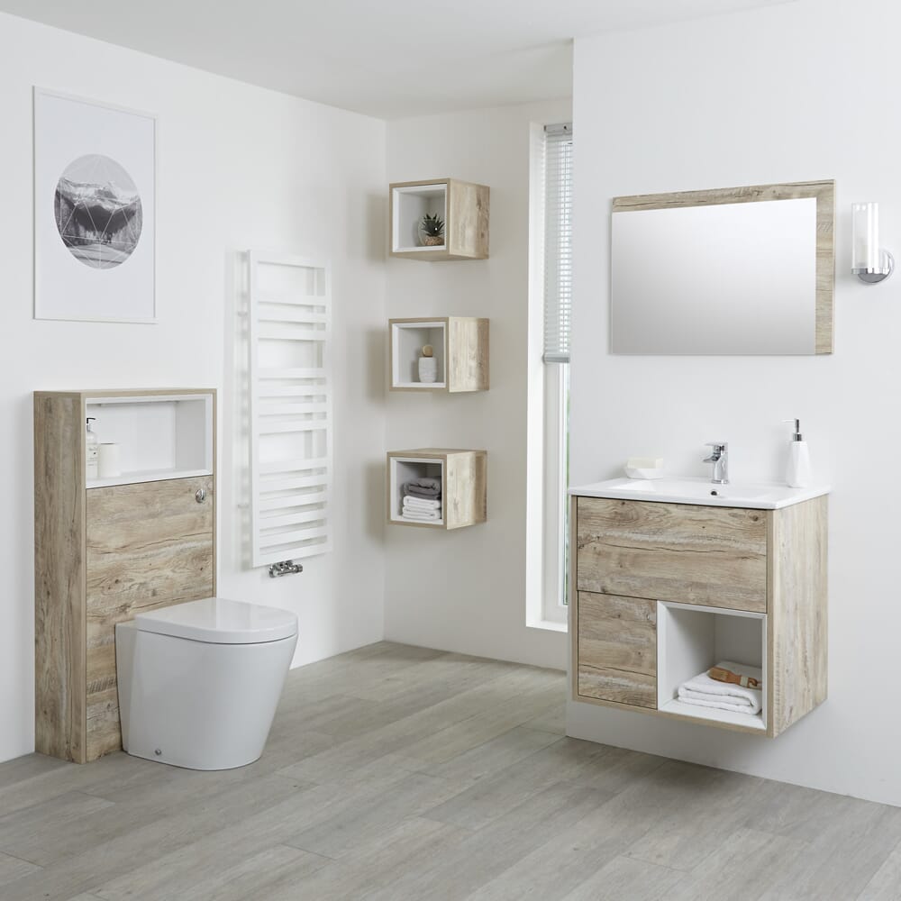 Mobile Bagno Sospeso da 600mm in Rovere Chiaro con Lavabo Integrato, Mobile WC e Sanitario (con LED Opzionali) - Hoxton