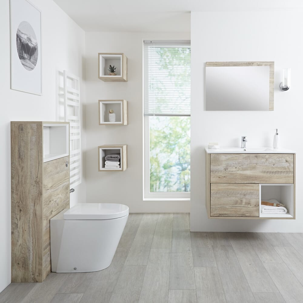 Mobile Bagno Sospeso da 800mm in Rovere Chiaro con Lavabo Integrato, Mobile WC e Sanitario (con LED Opzionali) - Hoxton
