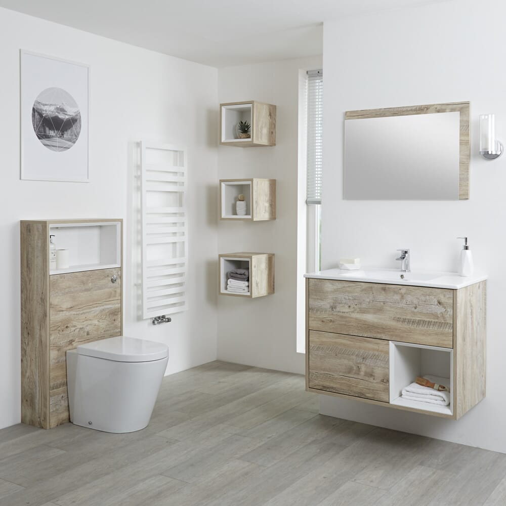 Mobile Bagno Sospeso da 800mm in Rovere Chiaro con Lavabo Integrato, Mobile WC e Sanitario (con LED Opzionali) - Hoxton