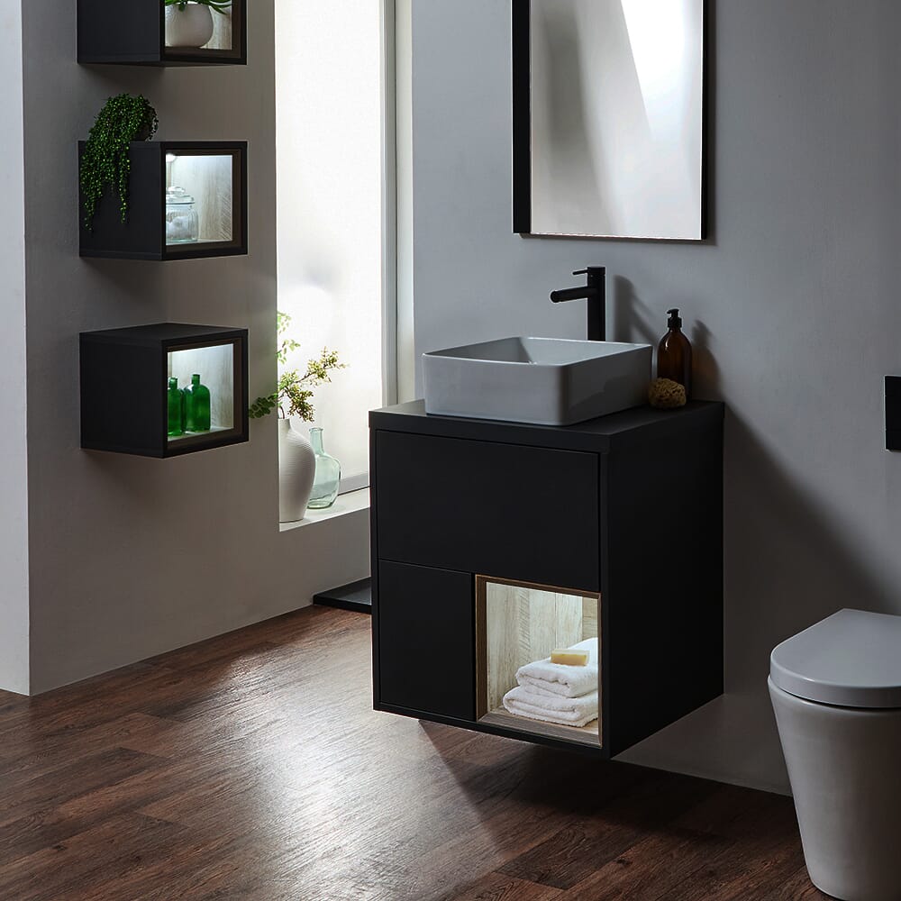 Mobile Bagno Sospeso con Ripiano Aperto da 600mm - Scelta di Finiture, Lavabo e Luci LED - Hoxton