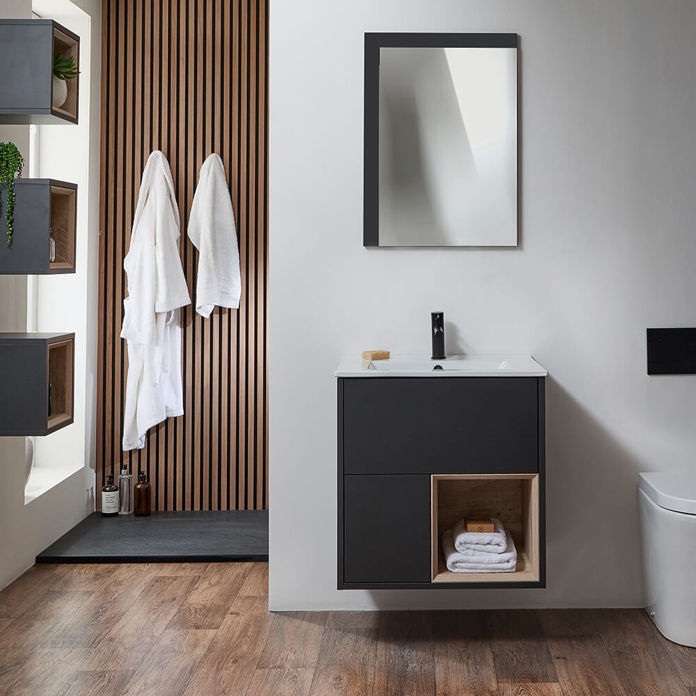 Mobile Bagno Sospeso con Ripiano Aperto e Lavabo da 610mm - Scelta di Finiture, Lavabo e Luci LED - Hoxton