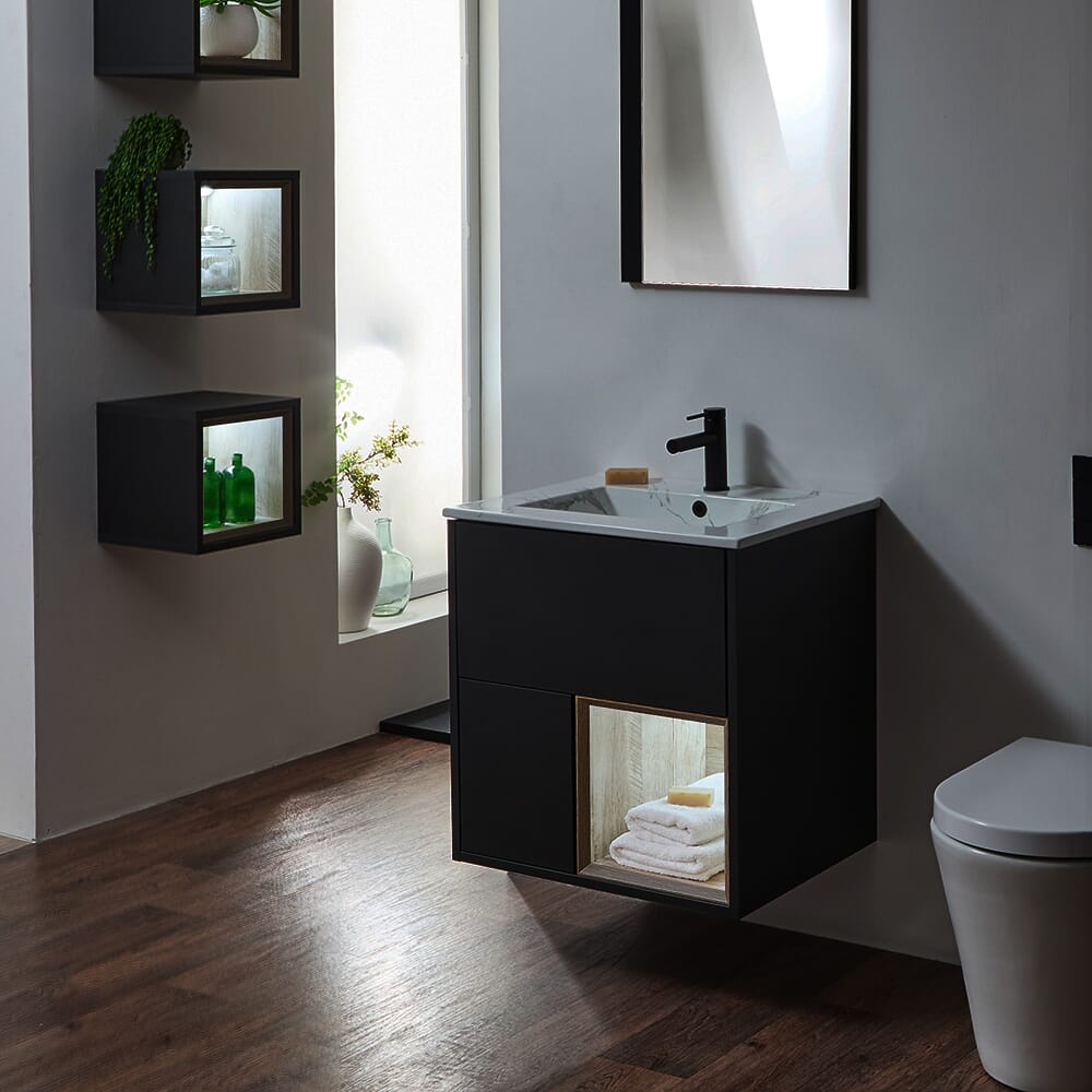 Mobile Bagno Sospeso con Ripiano Aperto e Lavabo da 610mm - Scelta di Finiture, Lavabo e Luci LED - Hoxton