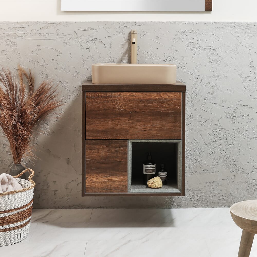 Mobile Bagno Sospeso con Ripiano Aperto da 600mm con Lavabo d' Appoggio Elements - Scelta di Lavabo, Finiture e Luci LED - Hoxton