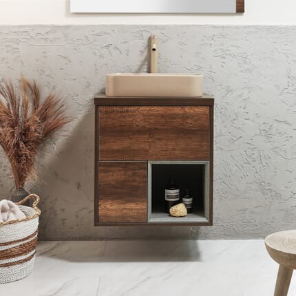 Mobile Bagno Sospeso con Ripiano Aperto da 600mm con Lavabo d' Appoggio Elements - Scelta di Lavabo, Finiture e Luci LED - Hoxton