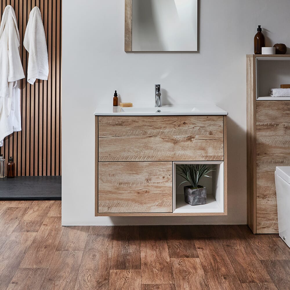 Mobile Bagno Sospeso con Ripiano Aperto e Lavabo da 810mm - Scelta di Finiture, Lavabo e Luci LED - Hoxton