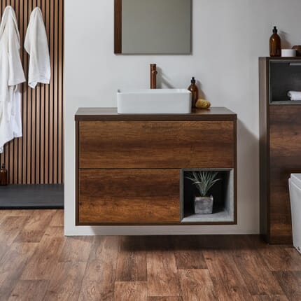 Mobile Bagno Sospeso con Ripiano Aperto e Lavabo da 1000mm - Scelta di Finiture, Lavabo e Luci LED - Hoxton
