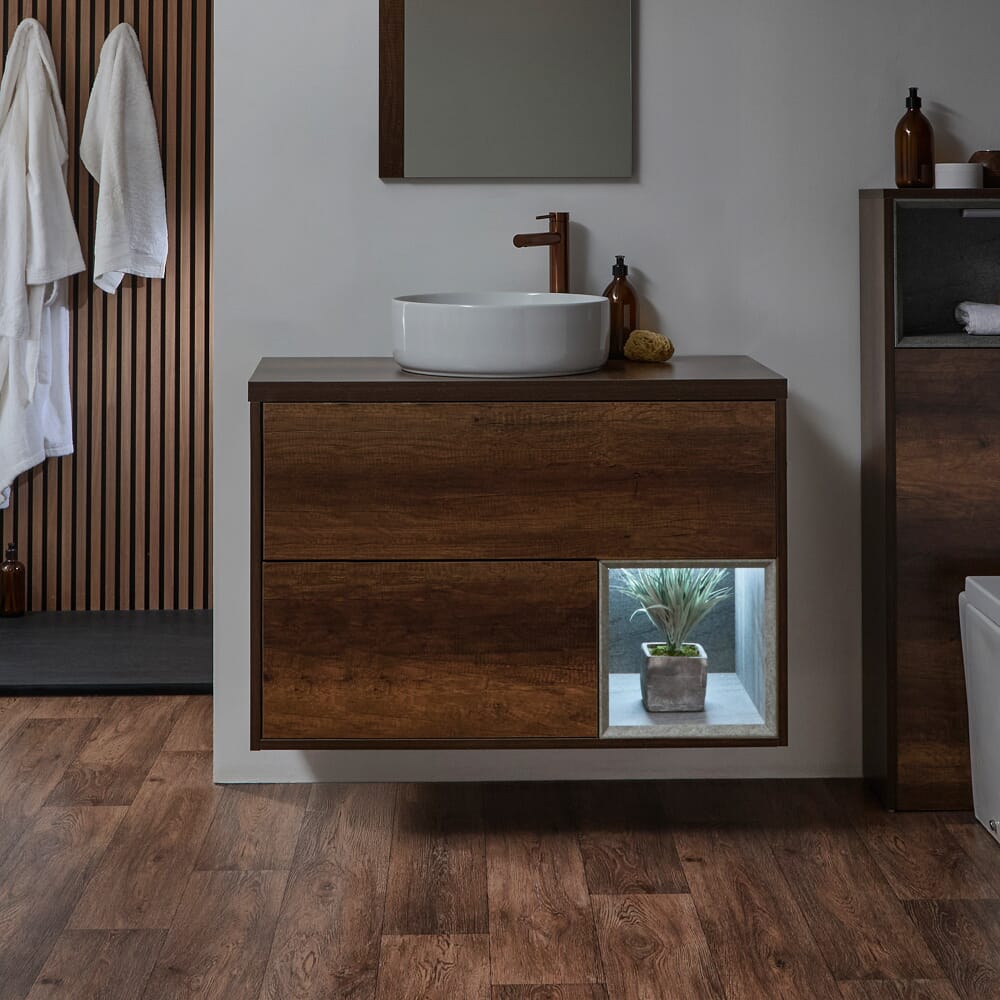 Mobile Bagno Sospeso con Ripiano Aperto e Lavabo da 1000mm - Scelta di Finiture, Lavabo e Luci LED - Hoxton