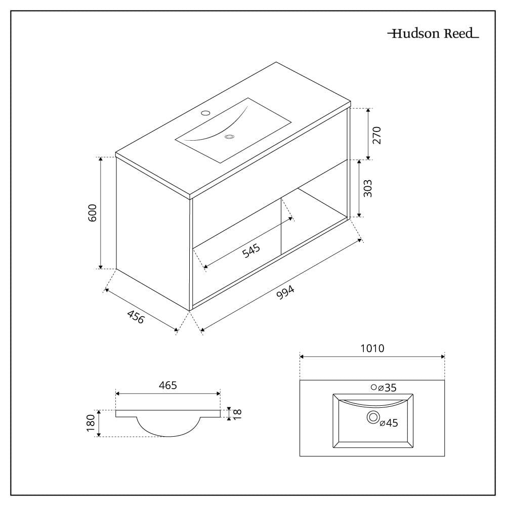 Mobile Bagno Sospeso con Ripiano Aperto e Lavabo da 1010mm - Scelta di Finitura e Luci LED - Hoxton