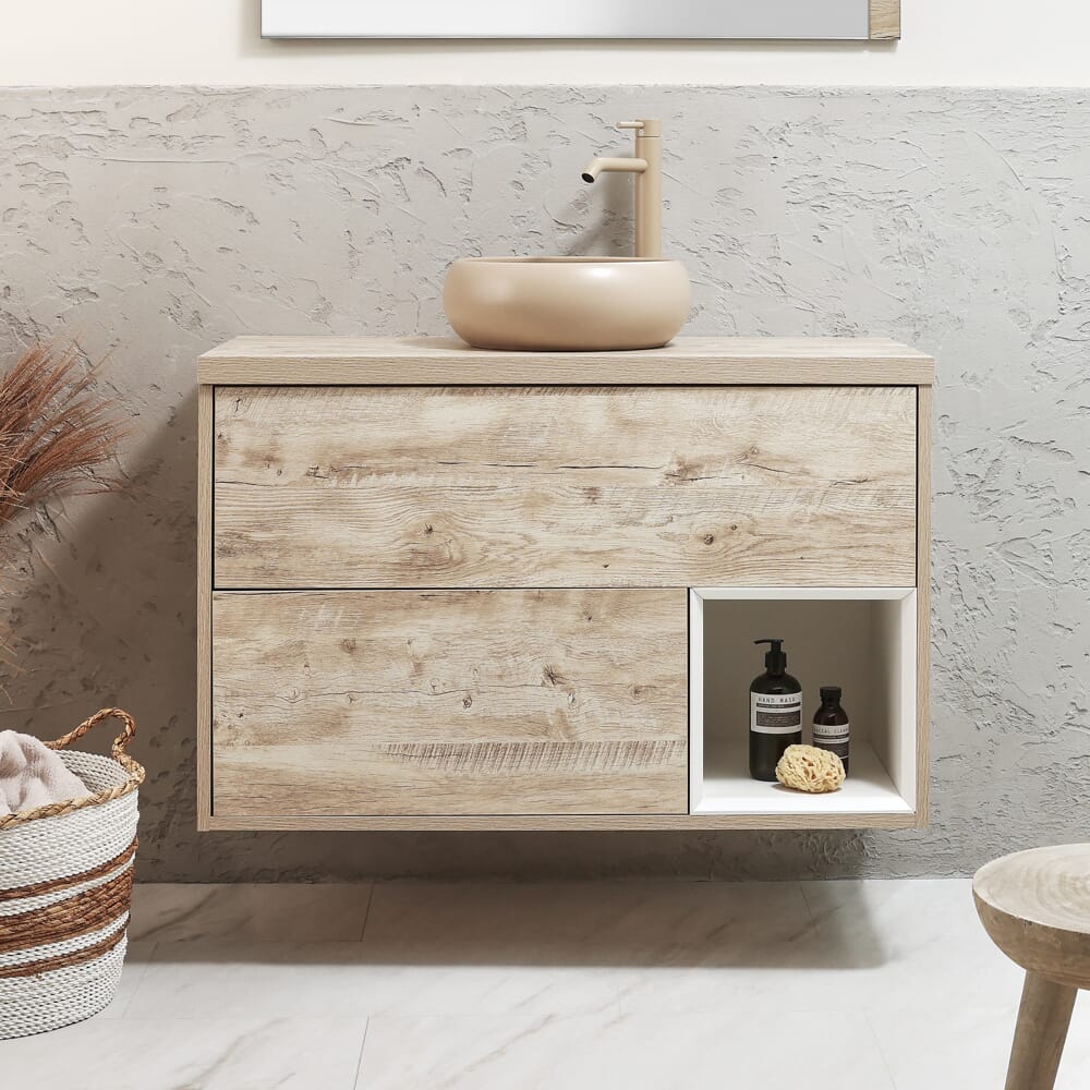 Mobile Bagno Sospeso da 1000mm con Ripiano Aperto - Scelta del Lavabo Elements, Finiture e Luci LED - Hoxton