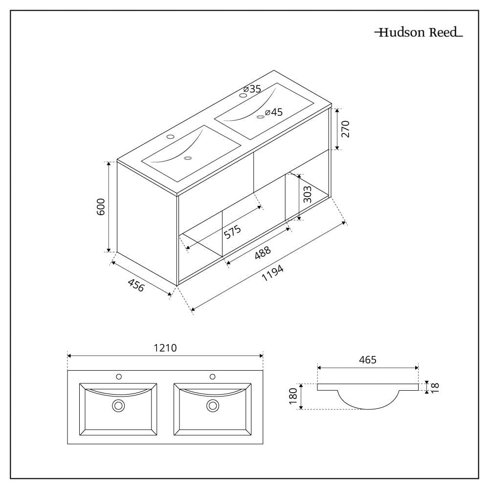 Mobile Bagno Sospeso con Ripiano Aperto e Doppio lavabo da 1210mm - Scelta di Finiture, Lavabo e Luci LED - Hoxton