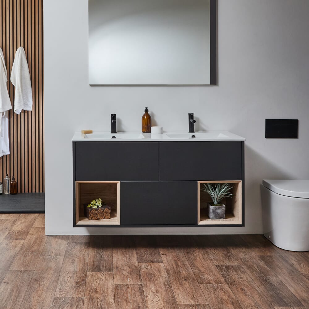 Mobile Bagno Sospeso con Ripiano Aperto e Doppio lavabo da 1210mm - Scelta di Finiture, Lavabo e Luci LED - Hoxton
