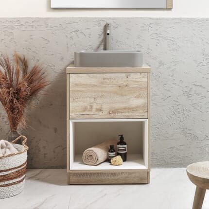 Mobile Bagno con Ripiano Aperto da 600mm con Lavabo d' Appoggio Elements - Scelta di Lavabo, Finiture e Luci LED - Hoxton