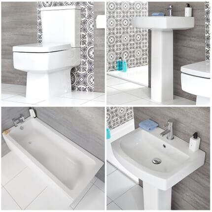 Set Bagno Moderno Completo di Vasca Standard, Sanitario Filo Parete e Lavabo con Colonna - Sandford