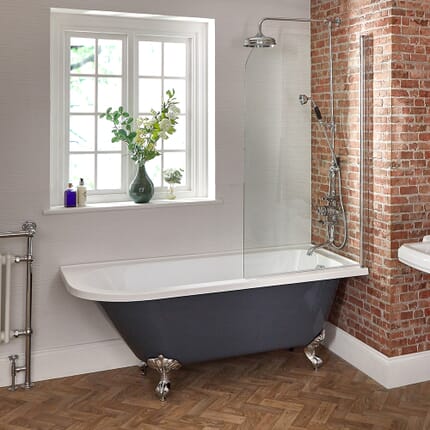 Vasca da Bagno Centro Stanza ad Angolo Tradizionale con Piedini e Parete Cromati - Grigio Pietra - 1685mm x 750mm - Opzione Entrata Sinistra e Destra - Elton