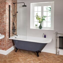 Vasca da Bagno Freestanding ad Angolo Tradizionale con Parete Vasca - Grigio Pietra - 1685mm x 750mm - Scelta di Piedini e Opzione Entrata Sinistra e Destra - Elton