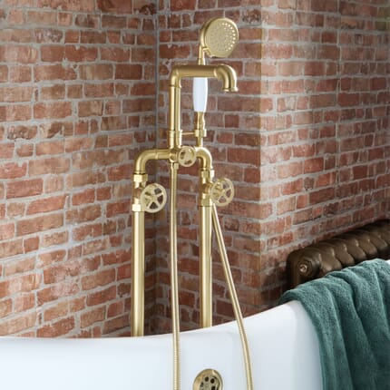 Miscelatore in Stile Industriale per Vasca Freestanding con Doccetta - Oro Satinato - Zandra