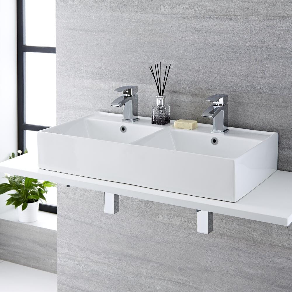 Lavabo Bagno da Appoggio Rettangolare in Ceramica 820x420mm con Rubinetto Miscelatore - Halwell