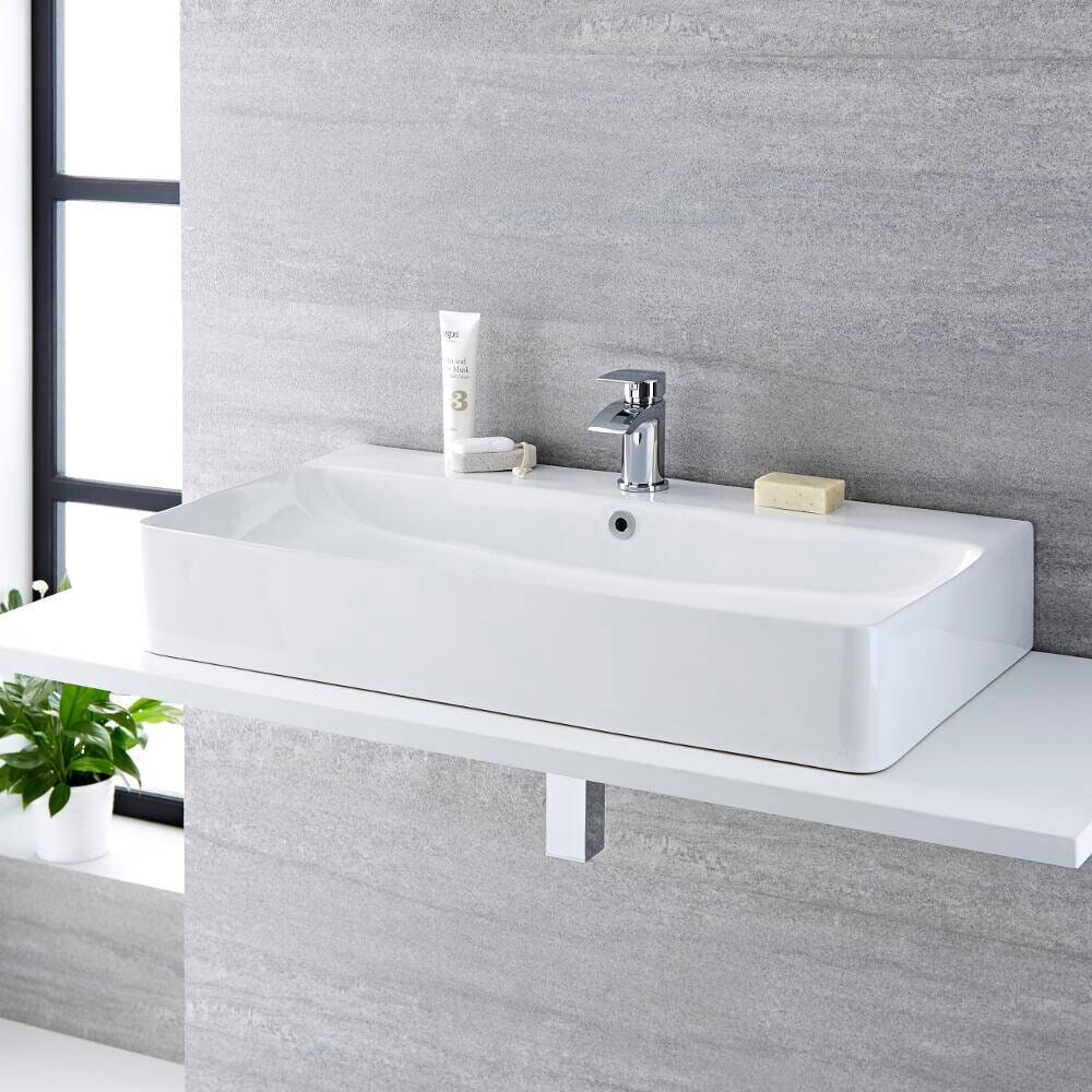 Lavabo Bagno da Appoggio Sospeso in Ceramica Rettangolare 800x415mm con Rubinetto Miscelatore - Exton