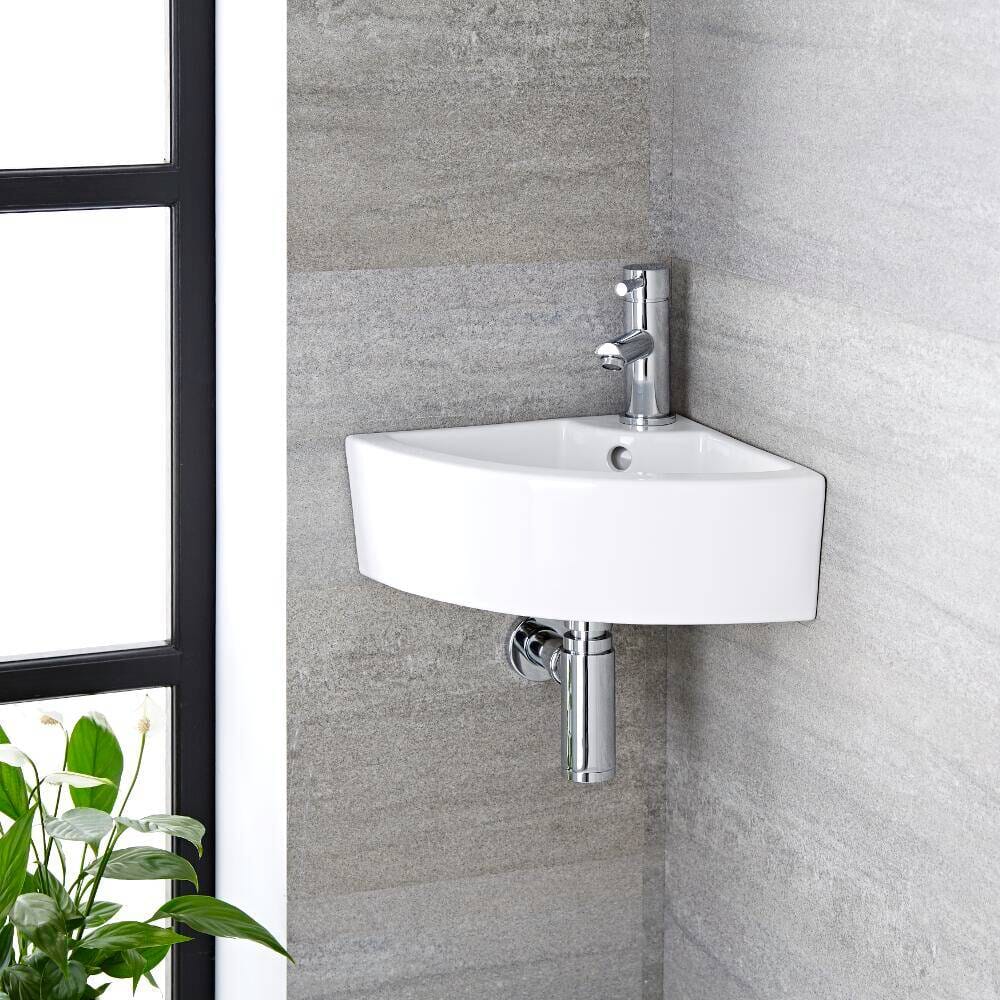Lavabo Bagno Sospeso in Ceramica Angolare 460x320mm con Rubinetto Monoforo - Belstone