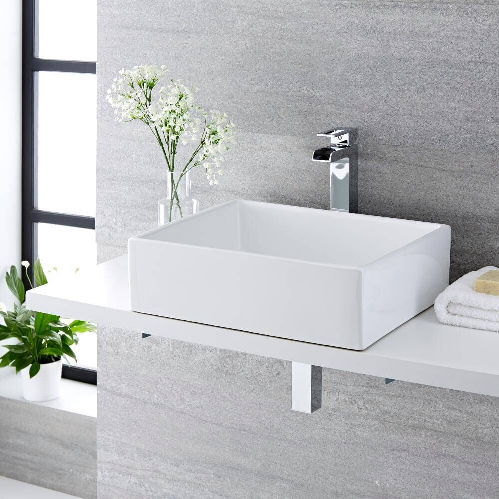 Lavabo Bagno da Appoggio Quadrato in Ceramica 490x390mm con Rubinetto Monoforo - Haldon