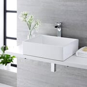 Lavabo Bagno da Appoggio Quadrato in Ceramica 490x390mm con Rubinetto Monoforo - Haldon