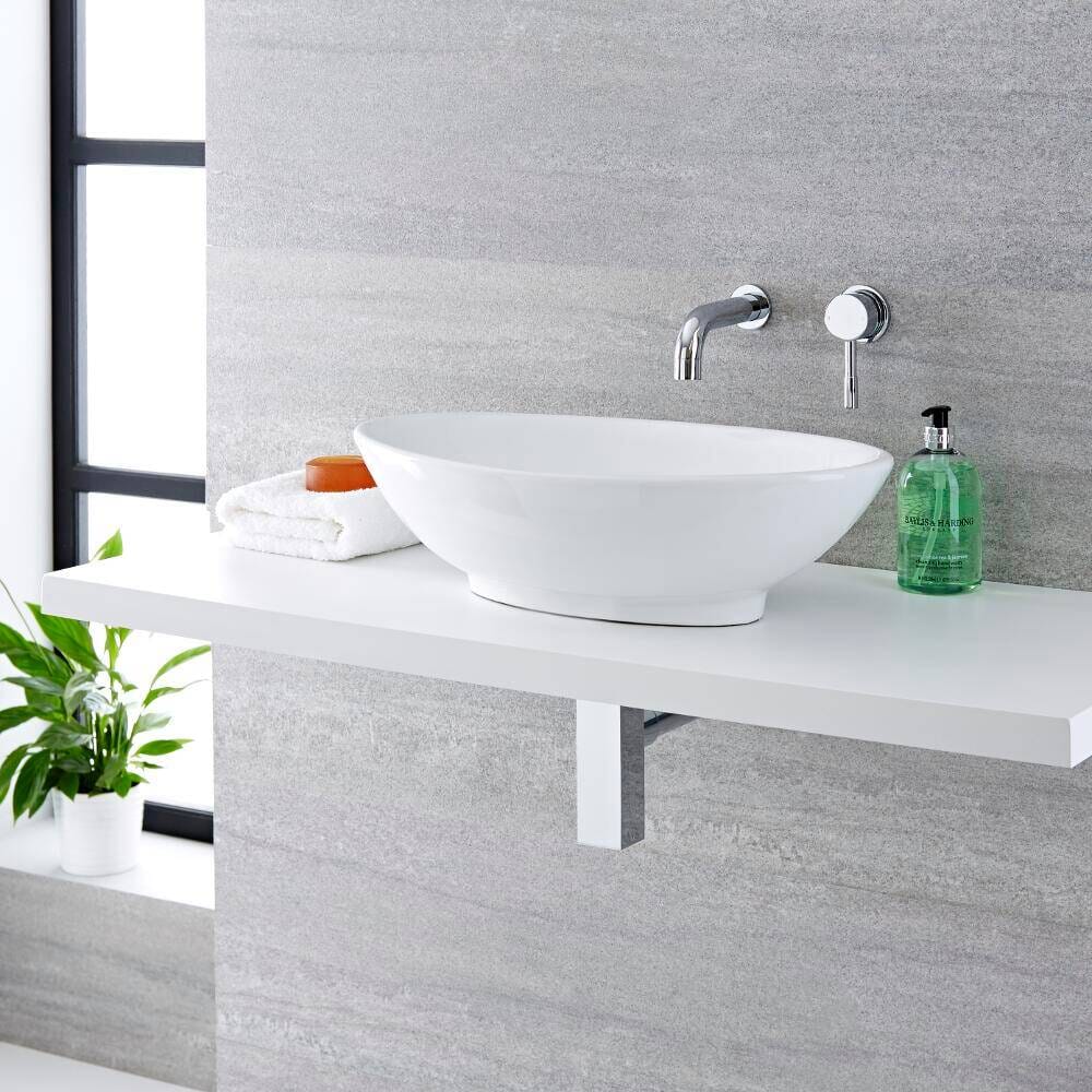 Lavabo Bagno da Appoggio in ceramica Ovale 520x320mm con Rubinetto Miscelatore Murale - Kenton