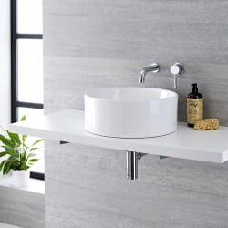 Lavabo Bagno da Appoggio Tondo in Ceramica 400x400mm con Rubinetto Miscelatore Murale - Covelly