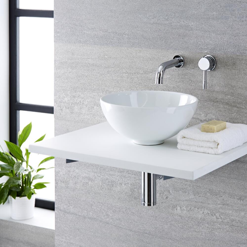 Lavabo Bagno da Appoggio Tondo in Ceramica 320x320mm con Rubinetto Miscelatore Murale - Ashbury