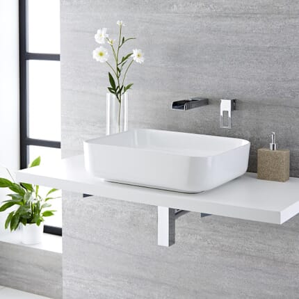 Lavabo Bagno da Appoggio Rettangolare in Ceramica 500x390mm Completo di Rubinetto a Cascata - Milton