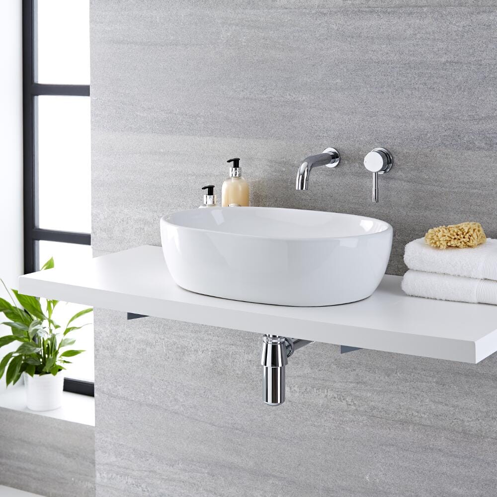 Lavabo Bagno da Appoggio in ceramica Ovale 480x350mm con Rubinetto Miscelatore Murale - Otterton